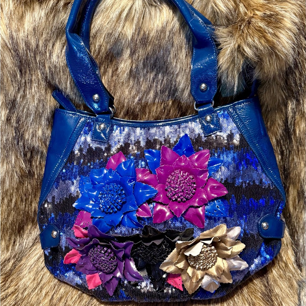 Vintage Sharif Blue Leather & Sequin Multicolor Floral Hobo Bag